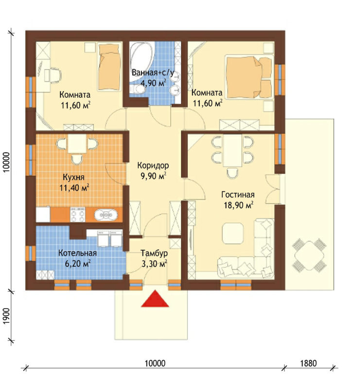План этажа одноэтажного дома с террасой P134