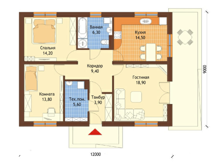 План этажа одноэтажного дома с террасой P143