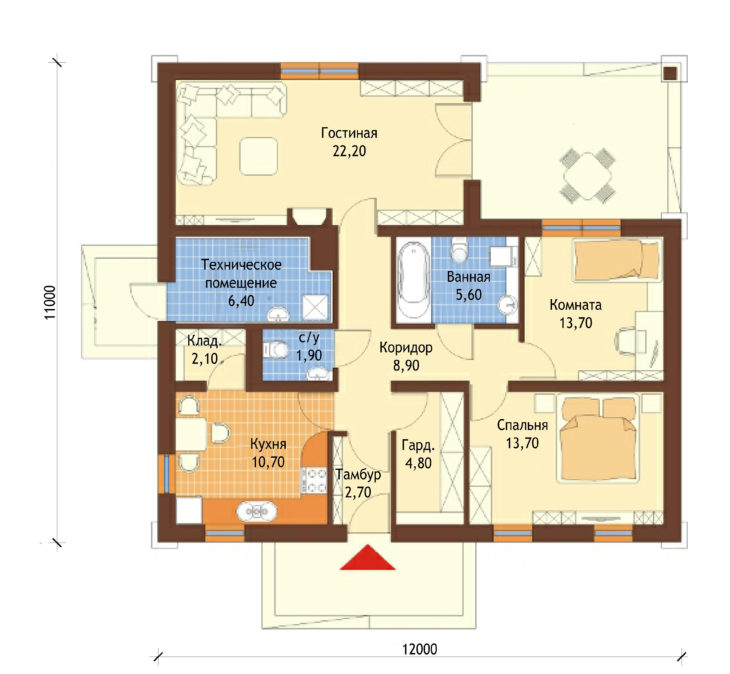 План этажа одноэтажного дома с террасой P145