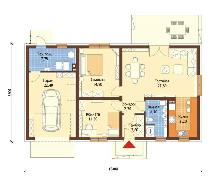 План этажа одноэтажного дома с террасой и гаражом P151