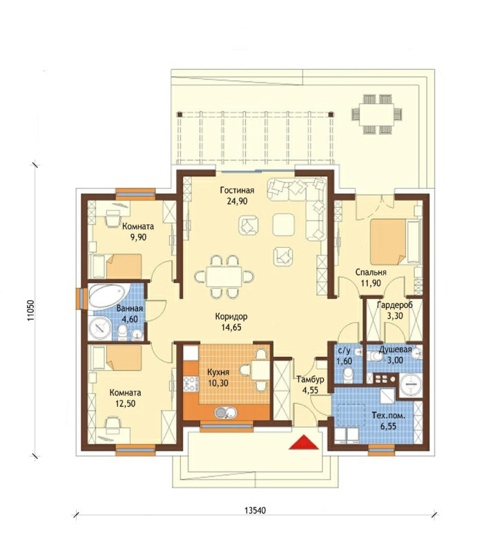 План этажа одноэтажного дома с террасой P155