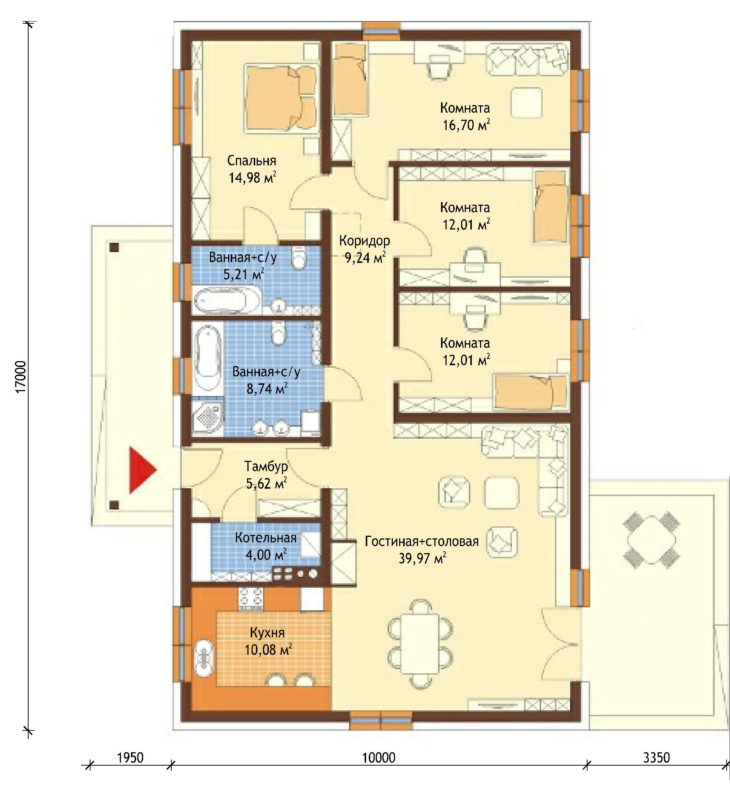 План этажа одноэтажного дома с террасой P160