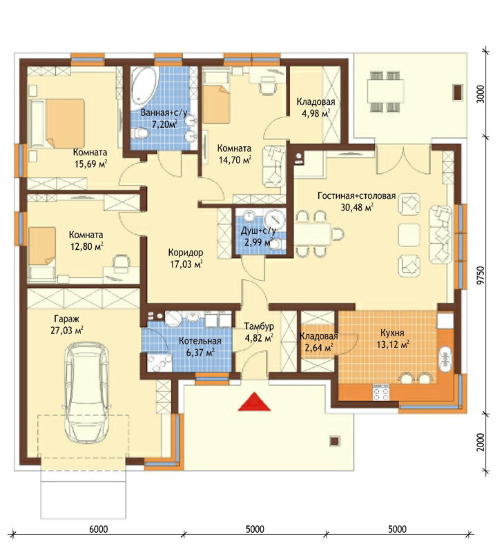 План 1 этажа одноэтажного дома с террасой и гаражом P162