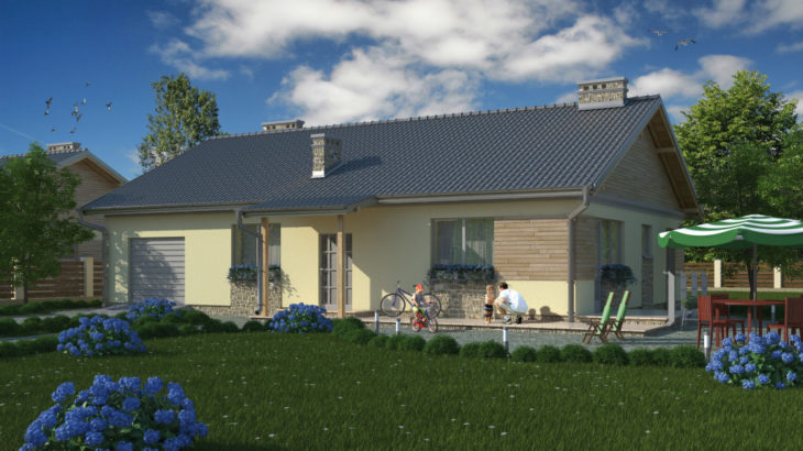 Проект одноэтажного дома с террасой и гаражом P164 - фото №1