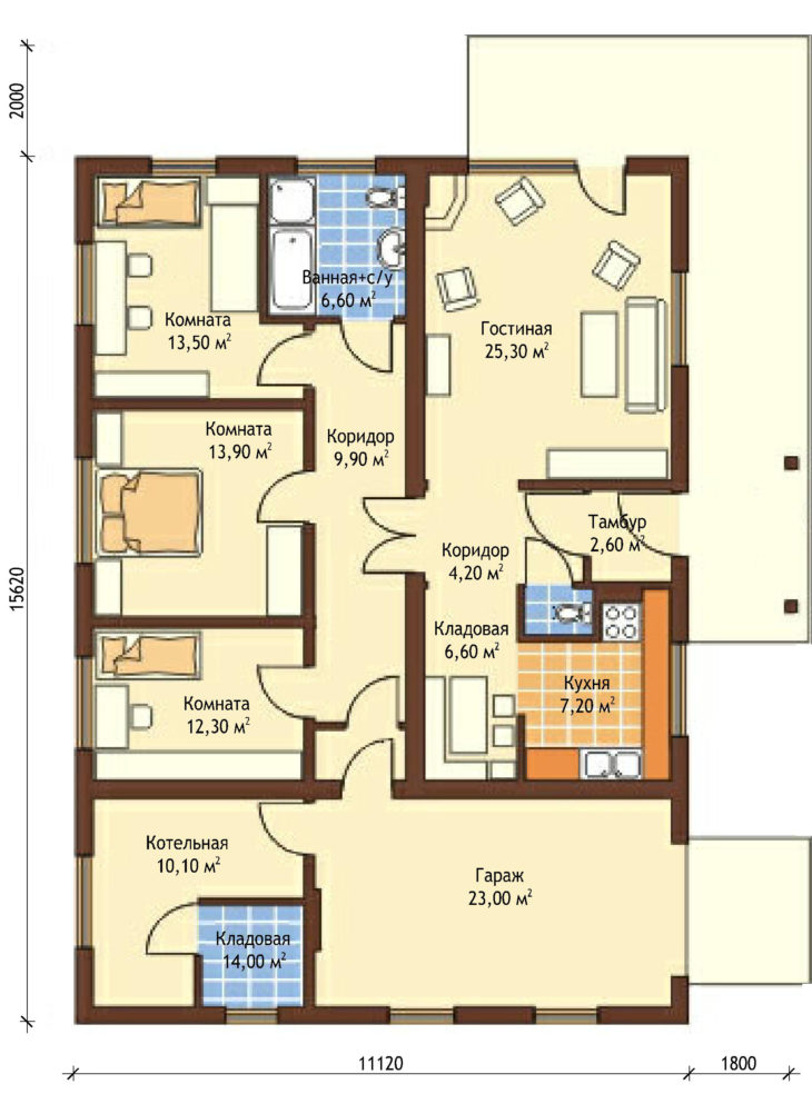 План этажа одноэтажного дома с террасой и гаражом P164