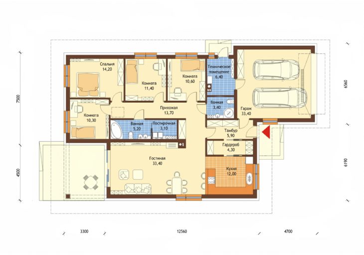 План этажа одноэтажного дома с террасой и гаражом P165