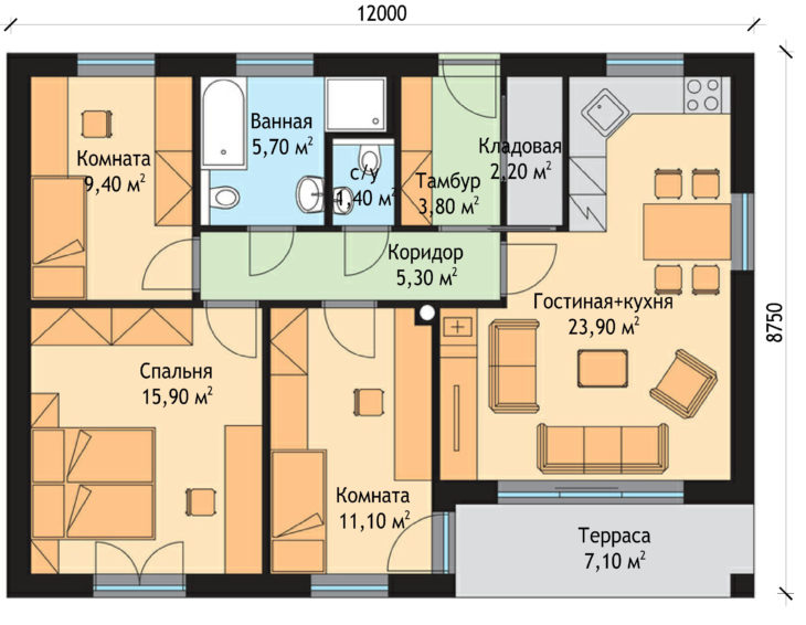 План этажа одноэтажного дома с террасой P73