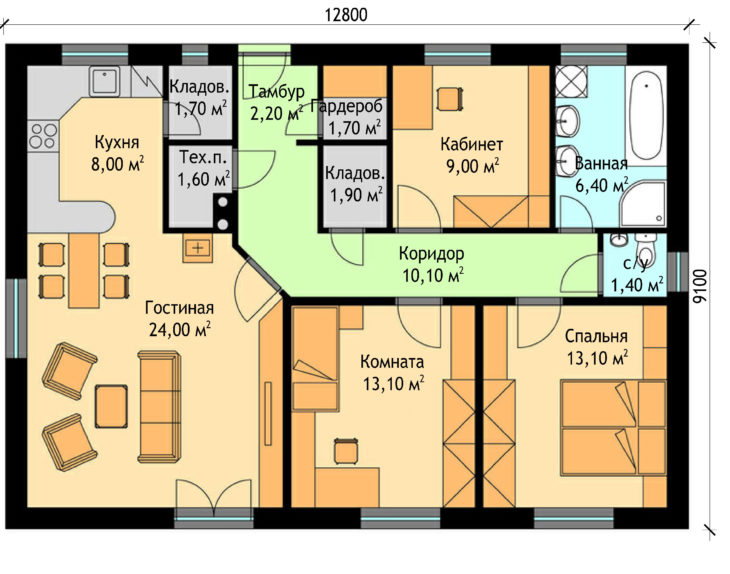 План этажа одноэтажного дома с террасой P78