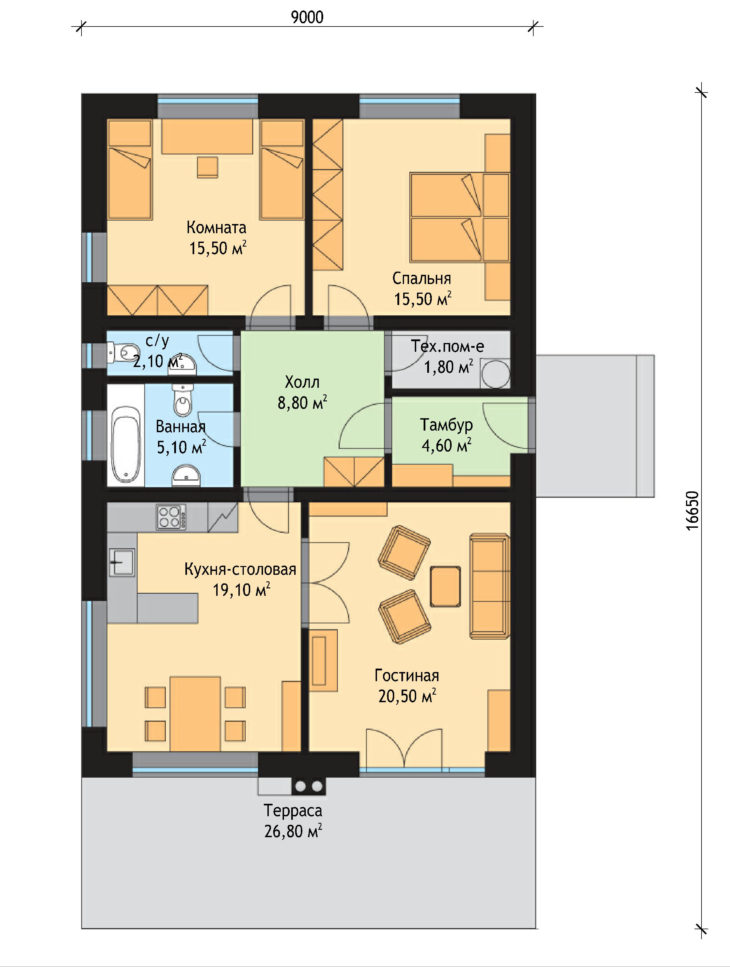 План этажа одноэтажного дома с террасой P82