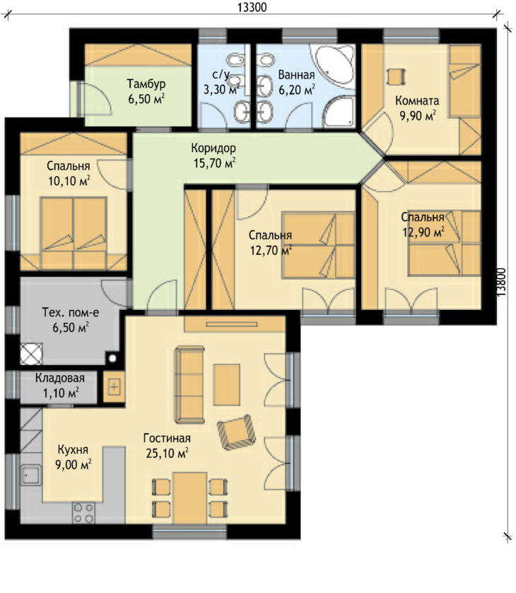 План этажа одноэтажного дома с террасой P88