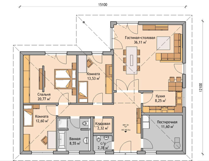 План этажа одноэтажного дома с террасой P92