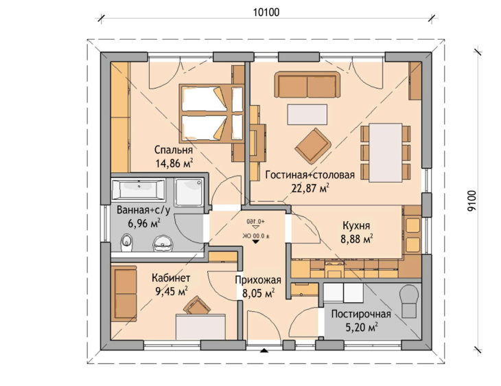 План этажа одноэтажного дома с террасой и навесом P94