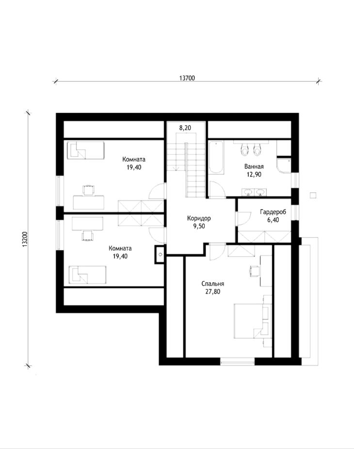 План 2 этажа мансардного дома с гаражом S38