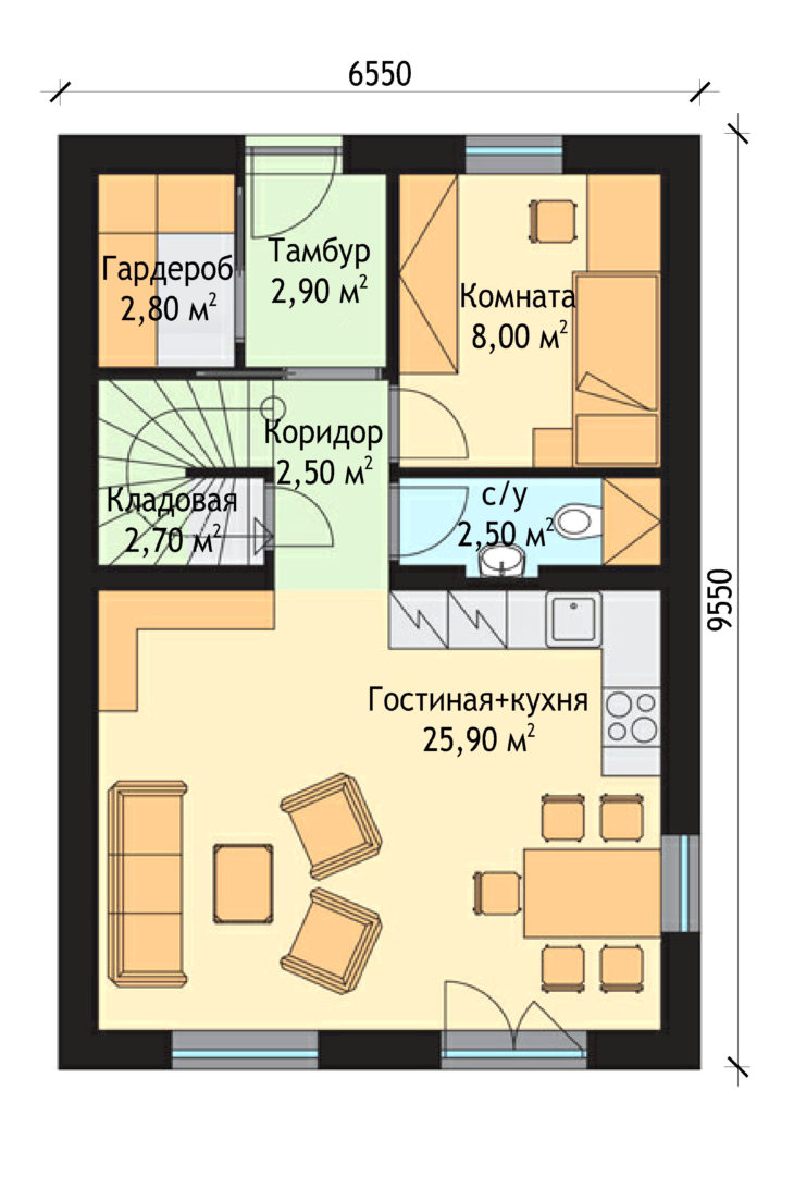 План 1 этажа мансардного дома с террасой S61