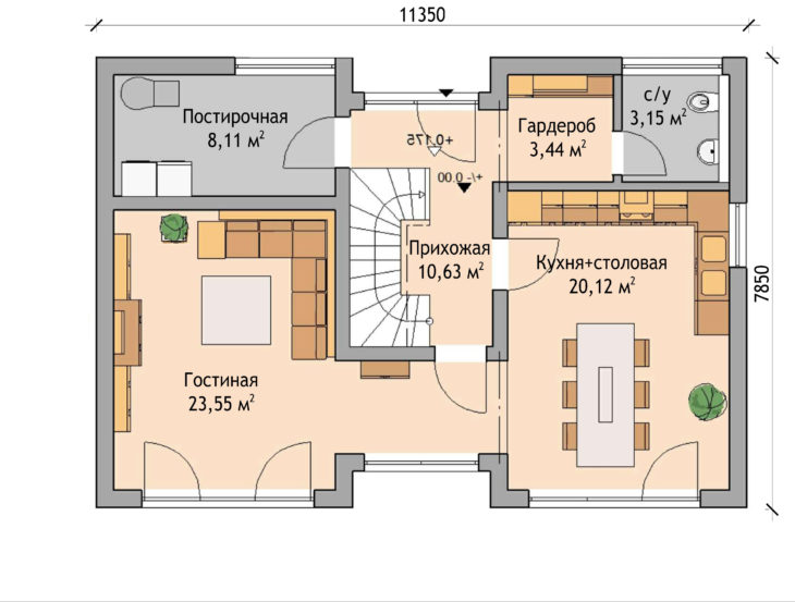 План 1 этажа мансардного дома с террасой и навесом S67