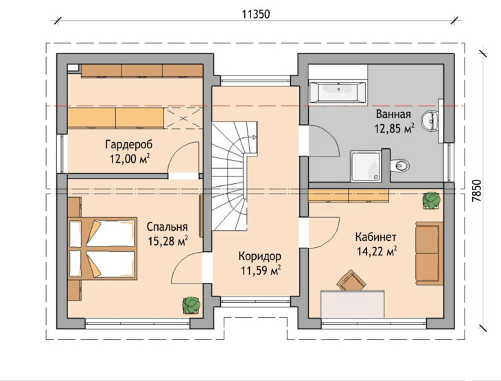 План 2 этажа мансардного дома с террасой и навесом S67 - вариант 2