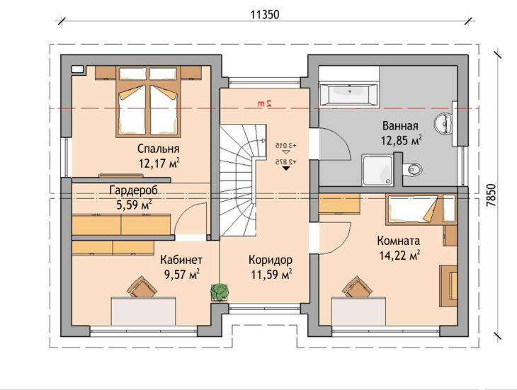План 2 этажа мансардного дома с террасой и навесом S67 - вариант 1
