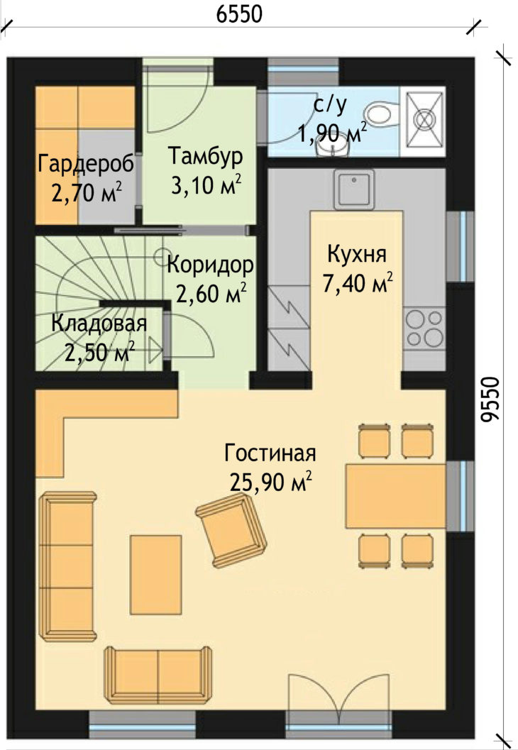 План 1 этажа двухэтажного дома с террасой V24