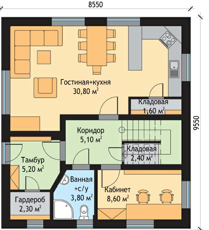 План 1 этажа двухэтажного дома V28