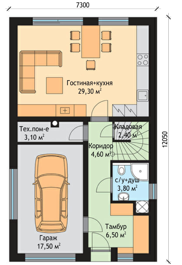 План 1 этажа двухэтажного дома с гаражом V30
