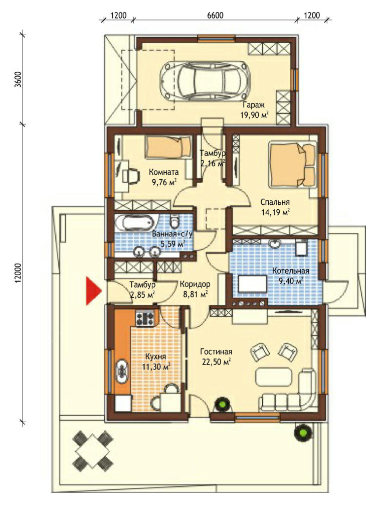 План этажа одноэтажного дома с террасой и гаражом P154
