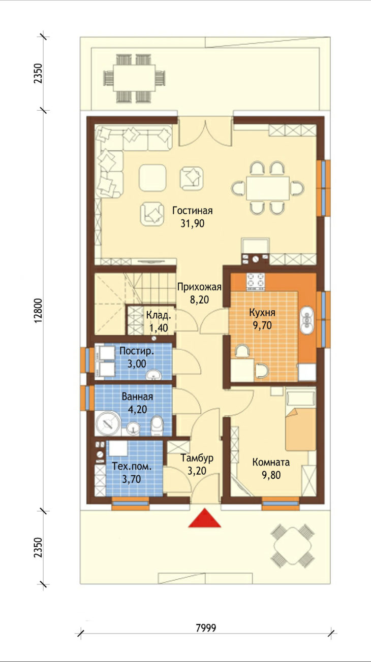 План 1 этажа мансардного дома с террасой S124