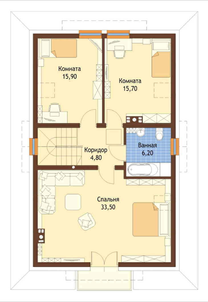 План 2 этажа мансардного дома с террасой S124