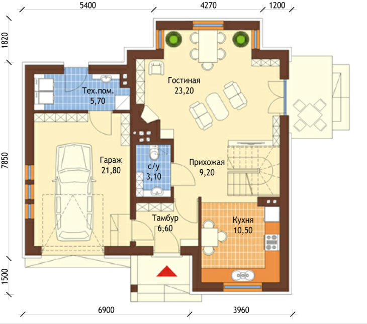 План 1 этажа мансардного дома с террасой и гаражом S126