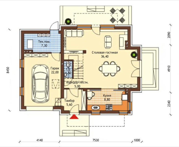 План 1 этажа мансардного дома с террасой и гаражом S128