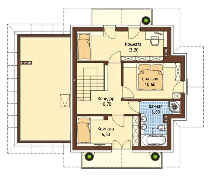 План 2 этажа мансардного дома с террасой и гаражом S128