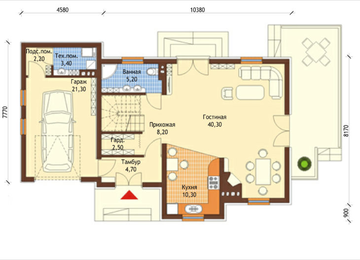 План 1 этажа мансардного дома с террасой и гаражом S138