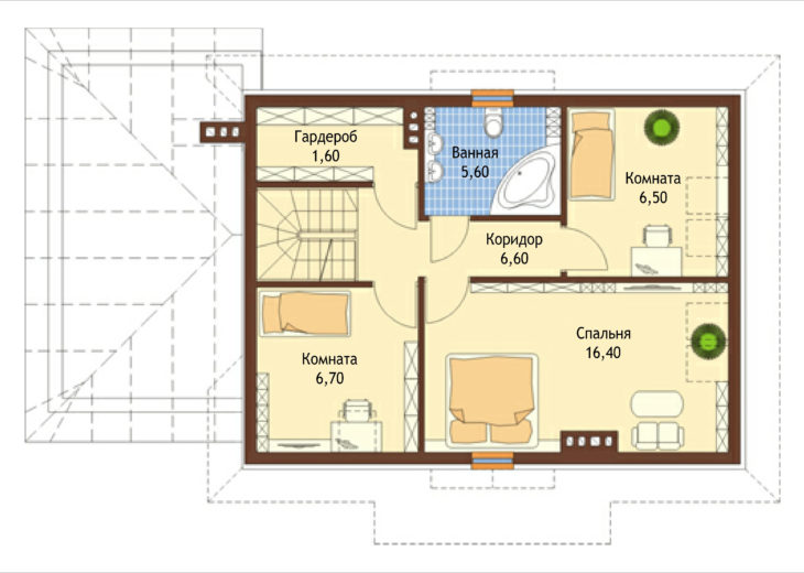 План 2 этажа мансардного дома с террасой и гаражом S138