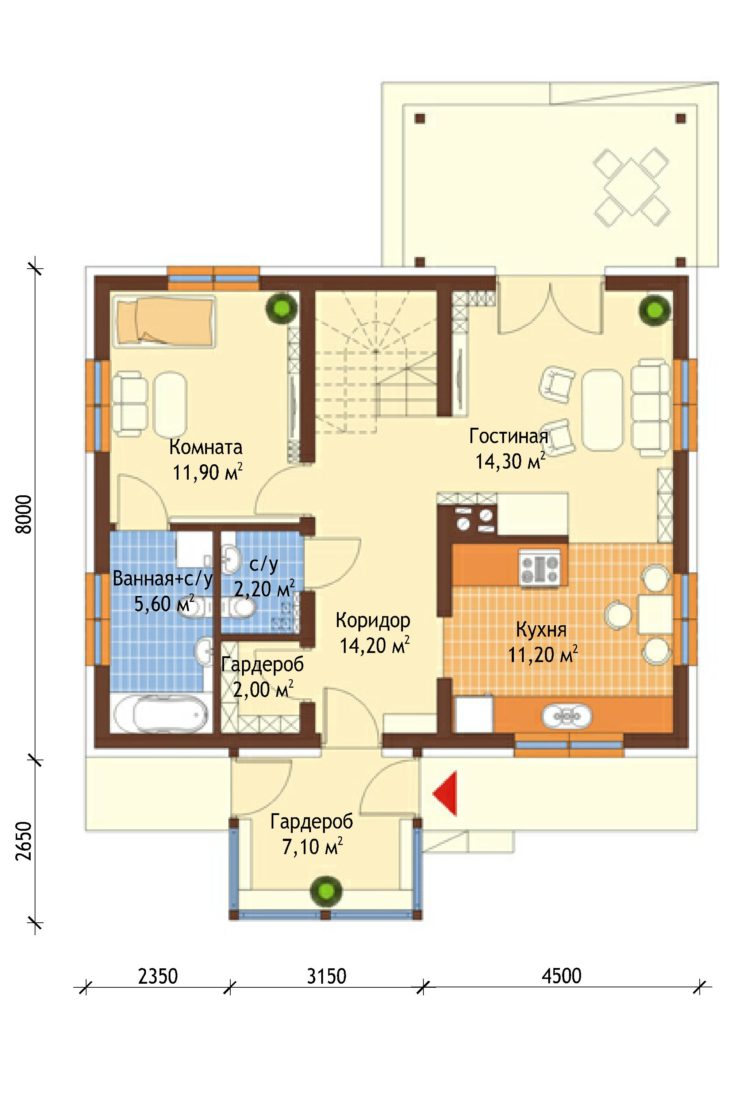 План 1 этажа мансардного дома с террасой S101