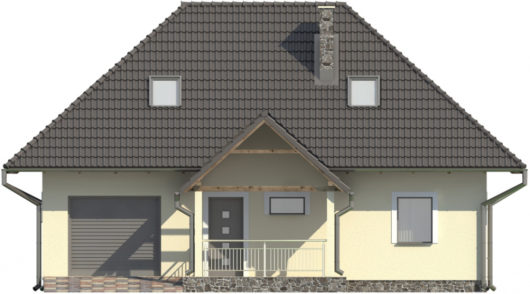 Фасад мансардного дома с террасой и гаражом S102 - вид спереди
