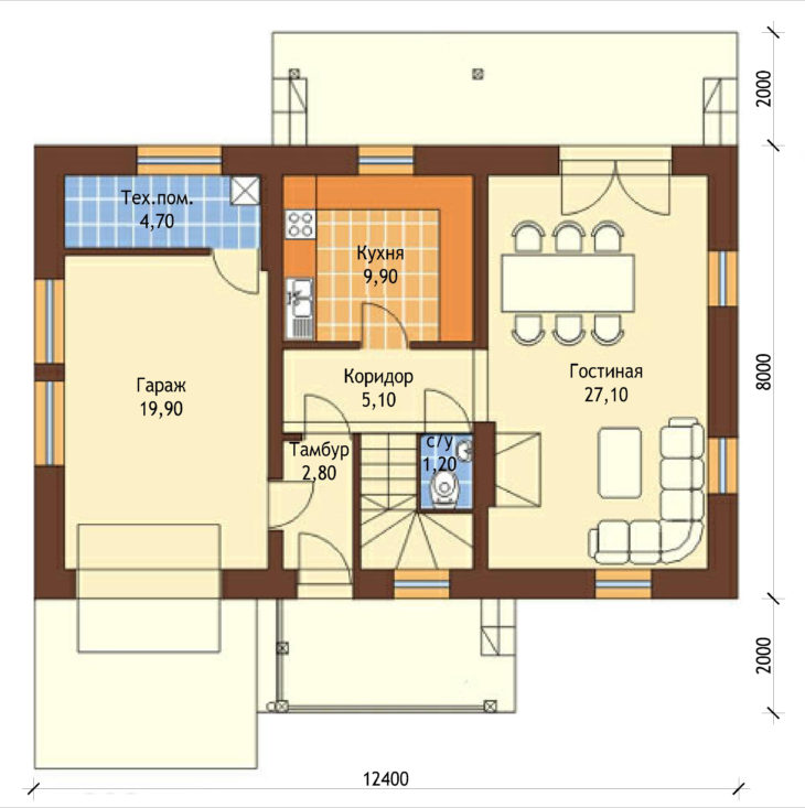План 1 этажа мансардного дома с террасой и гаражом S102
