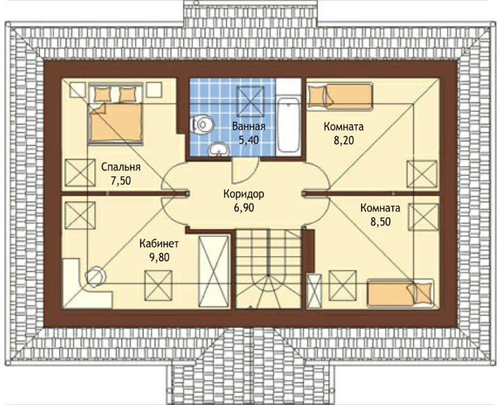 План 2 этажа мансардного дома с террасой и гаражом S102