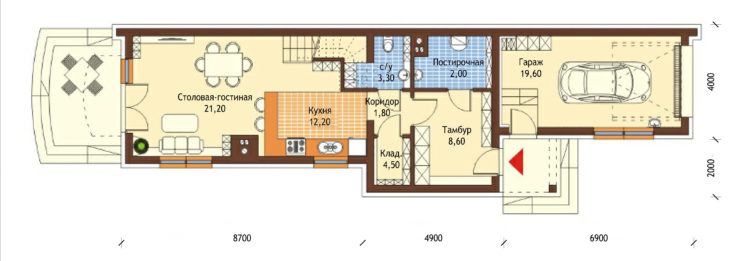 План 1 этажа мансардного дома с террасой и гаражом S110