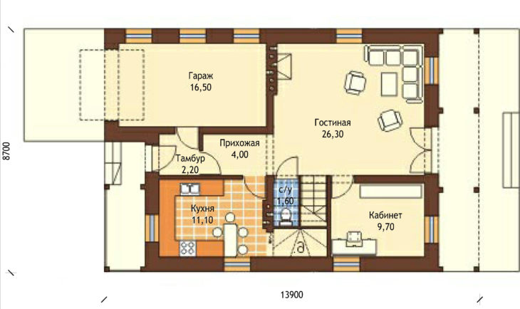 План 1 этажа мансардного дома с террасой и гаражом S114