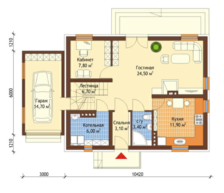 План 1 этажа мансардного дома с террасой и гаражом S131