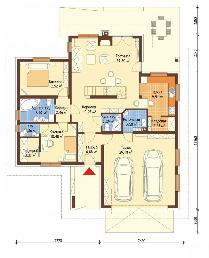 План 1 этажа мансардного дома с террасой и гаражом S137