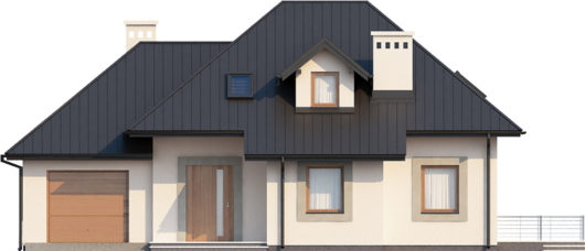 Фасад мансардного дома с террасой и гаражом S138 - вид спереди