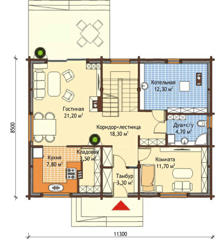 План 1 этажа мансардного дома с террасой S139