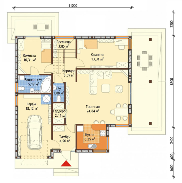 План 1 этажа мансардного дома с террасой и гаражом S141