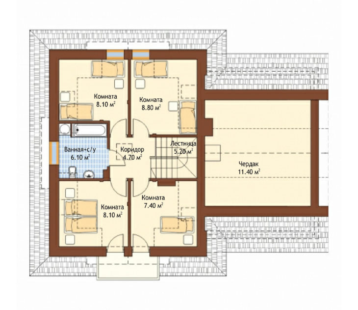 План 2 этажа мансардного дома с террасой и гаражом S151