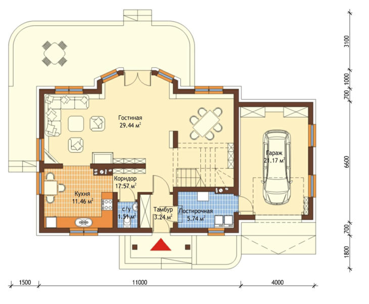 План 1 этажа мансардного дома с террасой и гаражом S159