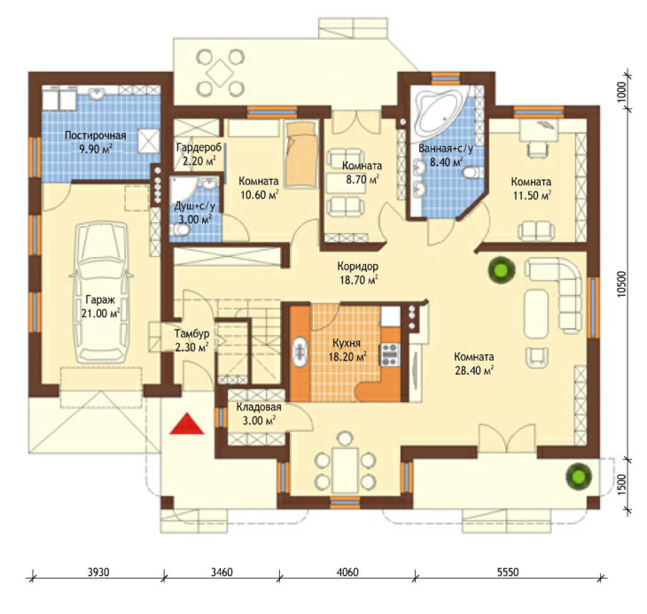 План 1 этажа мансардного дома с террасой и гаражом S171