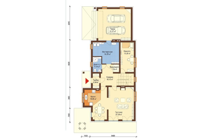 План 1 этажа мансардного дома с террасой и гаражом S173