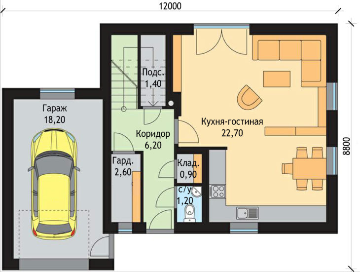 План 1 этажа мансардного дома с гаражом S64