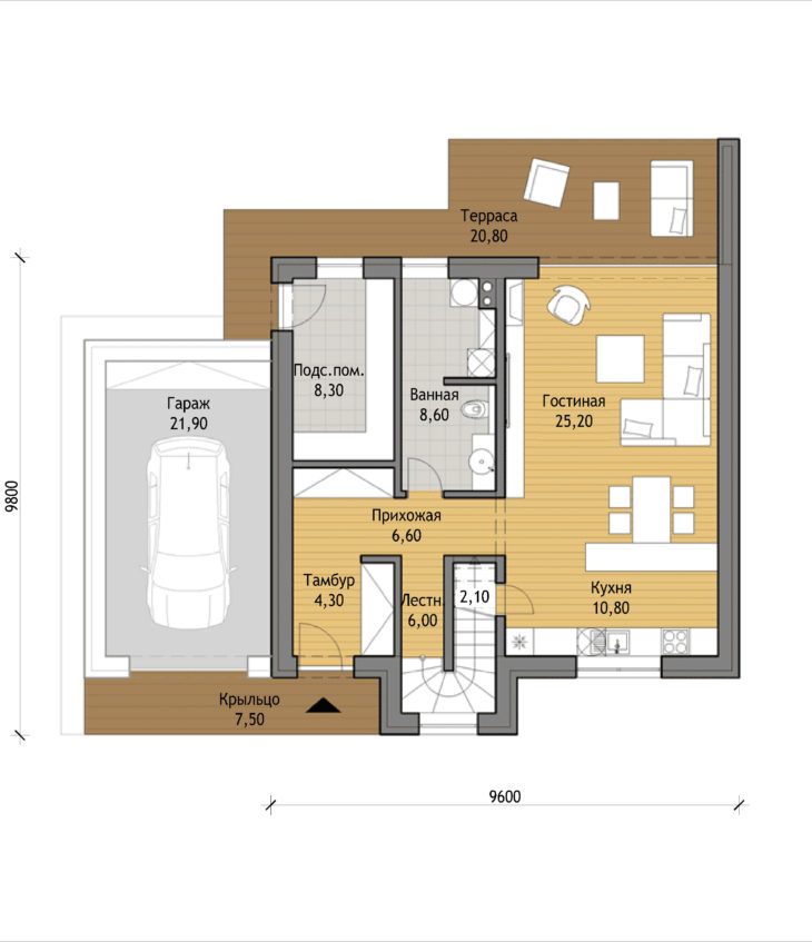План 1 этажа мансардного дома с террасой и гаражом S70