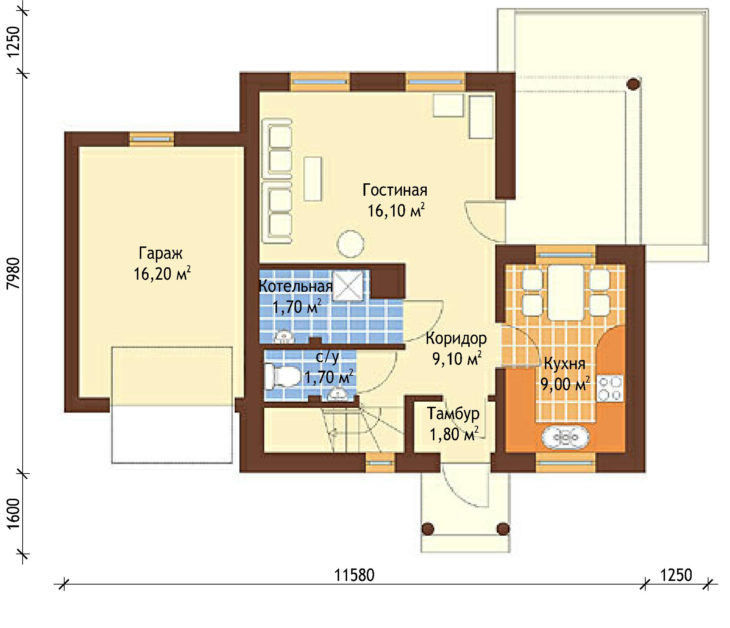 План 1 этажа мансардного дома с террасой и гаражом S85